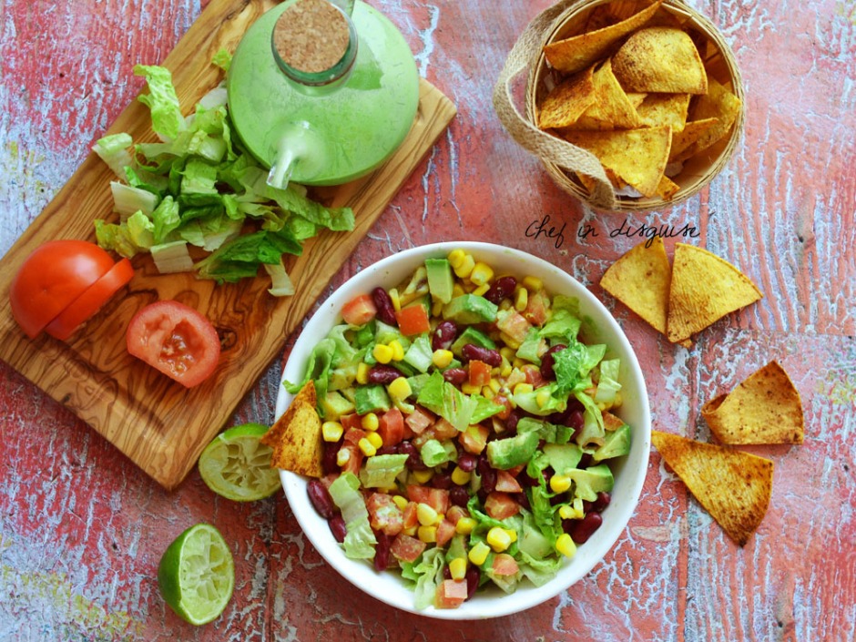 Southwestern salad with oven baked tortilla chips