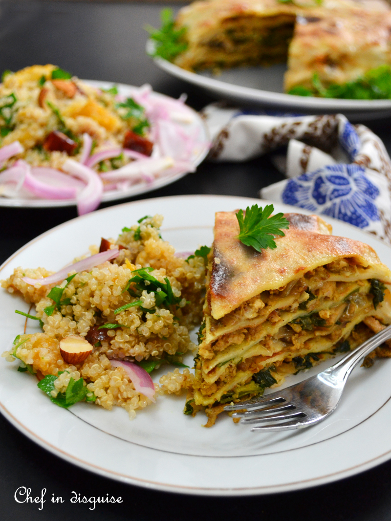 Chatti Pathiri: an Indian dish made out of layered crepes that are filled with a savory filling and then baked in coconut milk. It is like a lighter lasagna with an Indian twist
