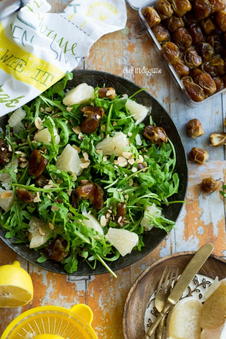 Pomelo salad with dates, arugula and toasted almonds with 3 salad dressing suggestions from chef in disguise