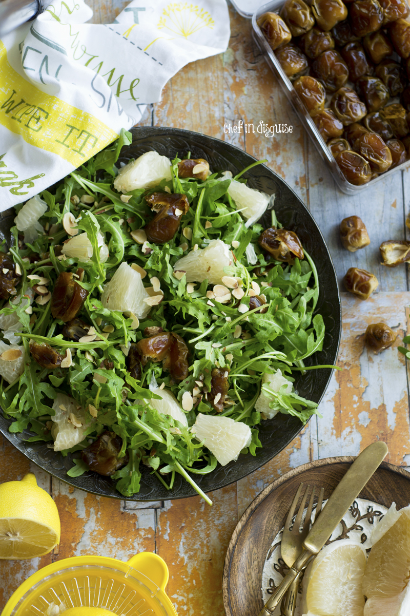 Pomelo salad with dates, arugula and toasted almonds with 3 salad dressing suggestions from chef in disguise